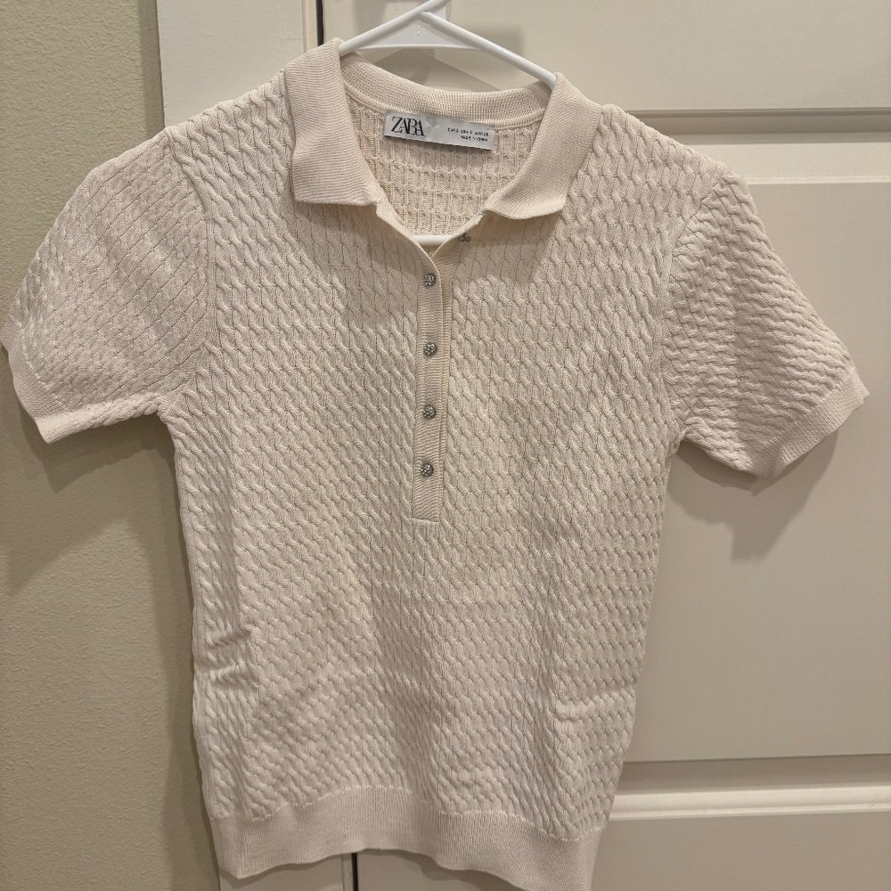 Zara Everyday White Textured Polo, Fitted Small